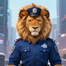beautiful portrait commission of a male furry anthro lion fursona wearing a cyberpunk police uniform in a cyberpunk city at night in the rain. character design by charlie bowater, ross tran, artgerm, and makoto shinkai, detailed, inked, western comic book art