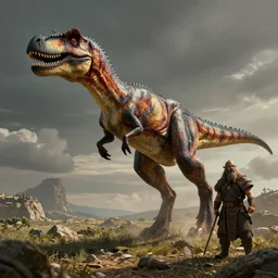 a velociraptor jumping on a d & d barbarian