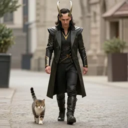 high definition snapshot from a movie of loki with a cute cat walking together in the streets of ny, 2 4 mm, photorealistic, photography, disney plus, loki, cute, professional photography, directed by wes anderson