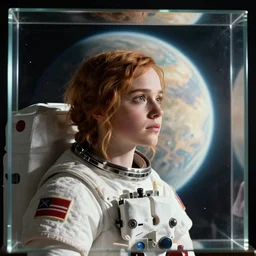 astronaut katniss everdeen staring at a planet that has been framed in glass