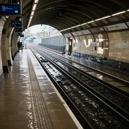 standing on the platform of a london underground tube station, the tracks are flooded with water