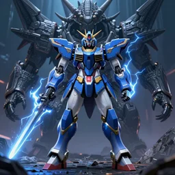 Azure Wolf 🐺 GUNDAM fighting against a Kaiju monster, cinematic lighting, Lightning arc plasma, symmetric full body azure GUNDAM mecha, GUNDAM wing style armor, GUNDAM armor, samurai armor, mortar heads, mech suit, full body armor, lamellar armor, exoskeleton, post processing, ultra detailed, trending on artstation