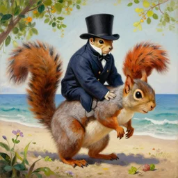 a giant squirrel carrying napoleon!!! on its back, beach scene with flowers and foliage, detailed oil painting