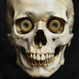 portrait of a skull with bullet casings in its eyesocket instead of eyes by zdzislaw beksinski, key art, iridescent accents