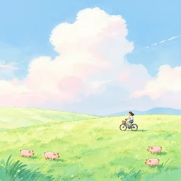 landscape, a girl on a bicycle, pigs, gentle gradients, sunlit, blue sky with fluffy clouds, green and pink and blue, bright pastel watercolour and pen and ink, by shomei yoh