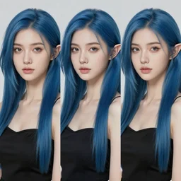 triptych of youthful female feminine tiefling female bard with long bob cut blue hairstyle, her skin is tangerine, she has immaculate skin and pure black eyes and is wearing colorful leather armor by rossdraws,