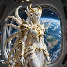 a photo of 8k ultra realistic lovecraftian white with gold highlights humanoid queen standing next to a spaceship window overlooking earth, 8 intricate white and gold tentacles, ornate white and gold armour, cinematic lighting, trending on artstation, 4k, hyperrealistic, focused, extreme details, unreal engine 5, cinematic, masterpiece