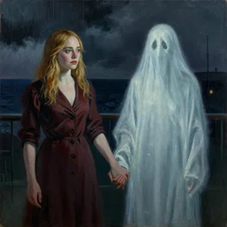 Elle Fanning holding hands with a ghost in the world of Edward Hopper, stormy weather, extremely detailed masterpiece, oil on canvas, low-key neon lighting, artstation, Blade Runner 2049, Roger Deakin’s cinematography, by J. C. Leyendecker and Peter Paul Rubens,