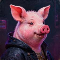 miss piggy profile shot, hyperrealistic, subject in center of frame, neonpunk, oil on wood portrait by kim jung gi and rembrandt and leonardo da vinci and jan van eyck, artstation, deviantart, rule of thirds