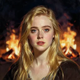 A masterpiece head and shoulders portrait of Elle Fanning in front of a nightly bonfire by William Adolphe Bouguereau and Junji Ito