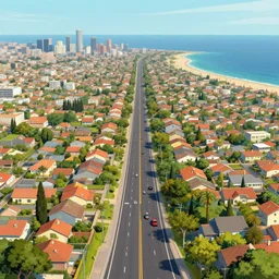 2 d artwork of horizontal infinite road going through suburbs, city, and ocean, artstation, petros afshar, agaam yacov, amiet cuno