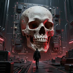 photo of death walking in a futuristic city in a dystopian future made of electronic components and looks like a giant pcb board. Very detailed 8k. Unreal engine 5 render with nanite, global illumination and path tracing. Cinematic post processing. Emphasize on the colors black and red.