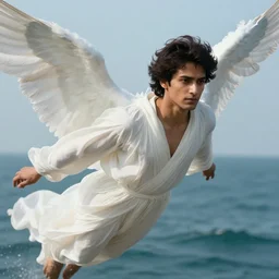 close up portrait, avan jogia as an angel flying, white feathers, flowing robes, handsome, ocean background, alphonse mucha, rhads, ross tran, artstation, artgerm, octane render, 1 6 k