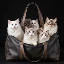 a highly detailed photo of multiple furry cats, they are inside a big handbag, black background, studio lighting, 4 k, 8 k