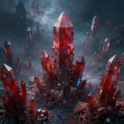 cinematic environment with very high, tall, sharp, red and blue mineral crystals, everywhere, tower of crystals, high angle shot, gloomy, nebula cloud, looking away, high details, cinematic, octane render, 8 k