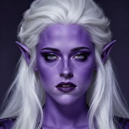 head-on centered symmetrical painted portrait, violet-skinned! violet-skinned!!!!!!!! Kristen Stewart as a D&D wizard. dark-purple skin!!!!!!!! violet-skinned!!! violet-skinned!!!!!!! white hair!!! elf ears, fantasy, highly detailed, digital painting, smooth, sharp focus, illustration, dramatic lighting, artstation, in the style of Artgerm and Anna Podedworna and Alex Ross