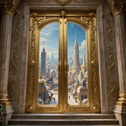 carved futuristic door at the end of ancient ornate steps shows a large window to a city detailing the vast architectural scientific ancient and cultural acheivements of humankind, magical atmosphere, renato muccillo, andreas rocha, johanna rupprecht, beardsley, highly detailed digital art, cinematic blue and gold