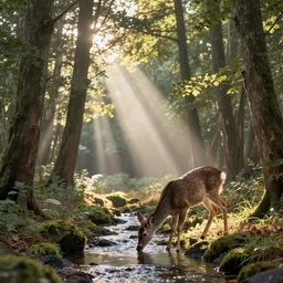 a photograph taken in a woods at sunrise, shafts of sunlight filtering through the trees, a deer drinks from a small stream, a gentle mist rises, taken by michael kenna, charlie waite, cinematic, epic scene, award winning photography, flickr, 5 0 0 px, nature photography, landscape photography
