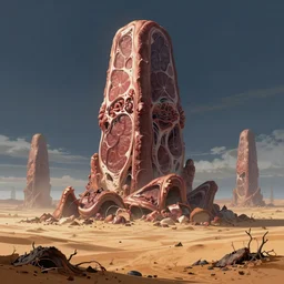 a vast, looming, infinite monolith made of meat in a desolate, charred desert, painted by tsutomu nihei