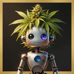 friendly robot character with a cannabis head, art poster