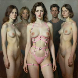 pop surrealism, lowbrow art, realistic seductive woman painting, pink body harness, hyper realism, muted colours, rococo, natalie shau, loreta lux, tom bagshaw, mark ryden, trevor brown style,