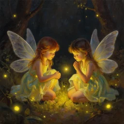 two little fairies. fireflies. warm atmospheric lighting. photorealistic painting by mandy jurgens.