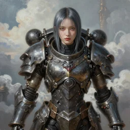 ultra realist and ultra intricate detailed soft painting of a beautiful mechwarrior kawai in steampunk armor, thin lustrous hair, symmetry features, sensual gloomy style, soft painting, volumetric clouds,  fantasy background, artstation, Tom Bagshaw artstyle, unreal render, depth of field