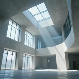 hyper realistic interior photo of a white concrete brutalist megastructure with huge windows and skylights, volumetric light rays, style of simon stalenhag and alphonse mucha, cinematic and blue cold atmospheric, archillect concept art, trending on artstation, epic matte painting by weta digital, cgisociety