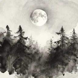 moon above forest, ink