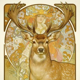 an art nouveau painting of a deer with antlers, highly detailed, intricate, artstation, by alphonse mucha and james gurney