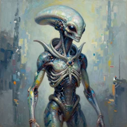 a stunning ultra realistic sci-fi art painting of a alien by H.R. Giger beautiful colours, in the style Zao Wou Ki