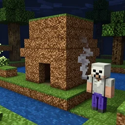 minecraft steve building dirt block house next to river at ( ( night ) ), minecraft skeleton smoking next to him, 1 0 mm lens, highly detailed 4 k clear digital art, game art
