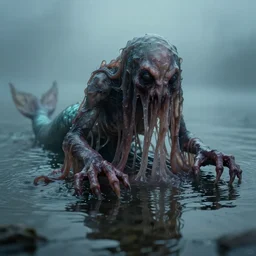 creepy merfolk monster, slimey, wet, disturbingly long fingers, crawling up from shallow water, atmospheric, highly detailed, reflections