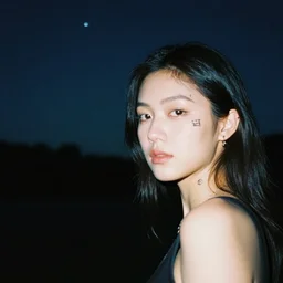 beautiful young woman with micron pen ink face tattoos stares at the camera, night sky, stars in background, bruce gilden, leica s, fuji 8 0 0, grainy, low light