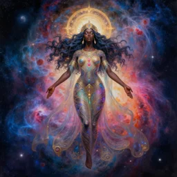 digital painting of a black female celestial being experiencing nirvana in space, colorful nebulas in the background, highly detailed, intricate design, 8k,  artstation, illustration by Victor Mosquera, Krenz Cushart