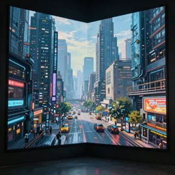 photo of futuristic paintings displayed on big screen in cyberpunk city, enormously detailed, digital painting
