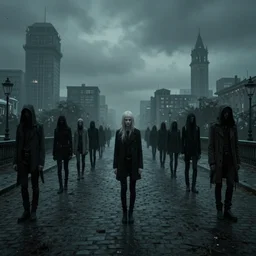 a city of slendermen, wide shot, cinematic