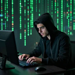 rami malek hacking a computer with linux, matrix style, photorealistic, high contrast