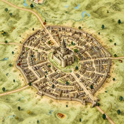 close up of ancient city map of fantasy land with a castle and buildings