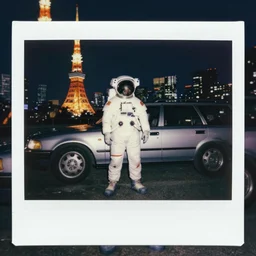 Polaroid photo of an astronaut standing next to a Station Wagon in Tokyo, at midnight