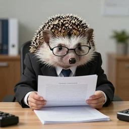 photo of a hedgehog in a suit and glasses, reading a document at a desk in an office. Highly detailed 8k. Intricate. Sony a7r iv 55mm. Award winning.