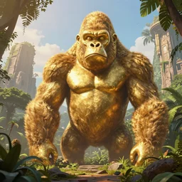 fantasy digital art, abandoned lost city in the jungle, highly detailed. Golden hour, statue of a giant gorilla
