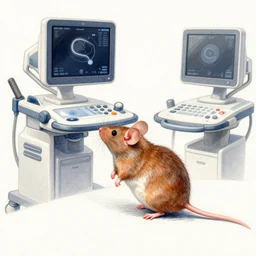 a drawing of a mouse standing under an ultrasound transducer
