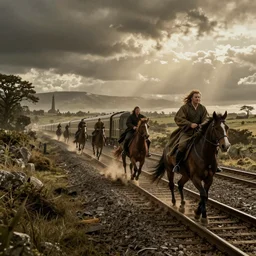 rohan, horse riders chasing a train on railway tracks, film still from lord of the rings