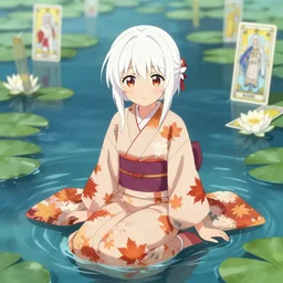 a cute white haired anime!!!!!!!!! girl wearing a maple pattern kimono sitting in a body of water, a character portrait by kano sansetsu, pixiv contest winner, fantasy art, official art, anime aesthetic, tarot card, lily pads, kimi no na wa, shinsekai yori, depth of focus, depth of field, anime art