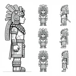highly detailed character sheet, technical drawing, side view, aztec game protagonist designs, side - scrolling 2 d platformer