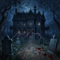 gothic mansion's cemetery, wooden floor, blood, darkness, evil, creepy, science, 1 9 century, hard atmosphere, lovercraft, insmouth, tentacles, artwork, paint, blue tones, detailed, by bastien lecouffe deharme, by jeremy mann, by alexander fedosav