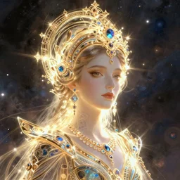 portrait of the powerful empress of the solar system in the style of viktor safonkin. glowing, ornate and intricate linework, stunning, dynamic lighting, ultrafine and hyperdetailed.