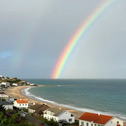 A rainbow on top of the sea, with houses on a beachside and seagulls flying