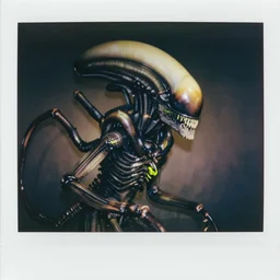 a polaroid picture of a xenomorph with fluorescent flesh